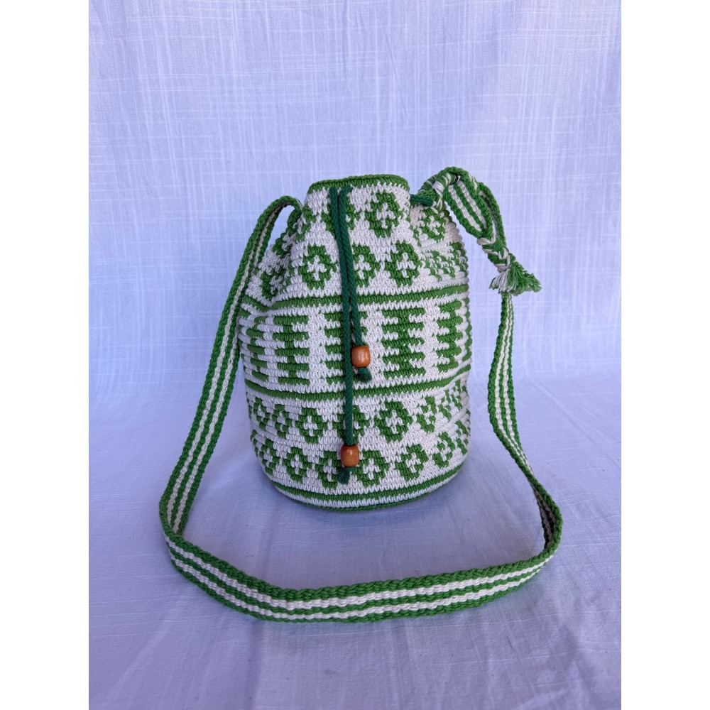 Handmade Crochet Bucket Bag Green Geometric Boho Artisan Drawstring Purse Y2K